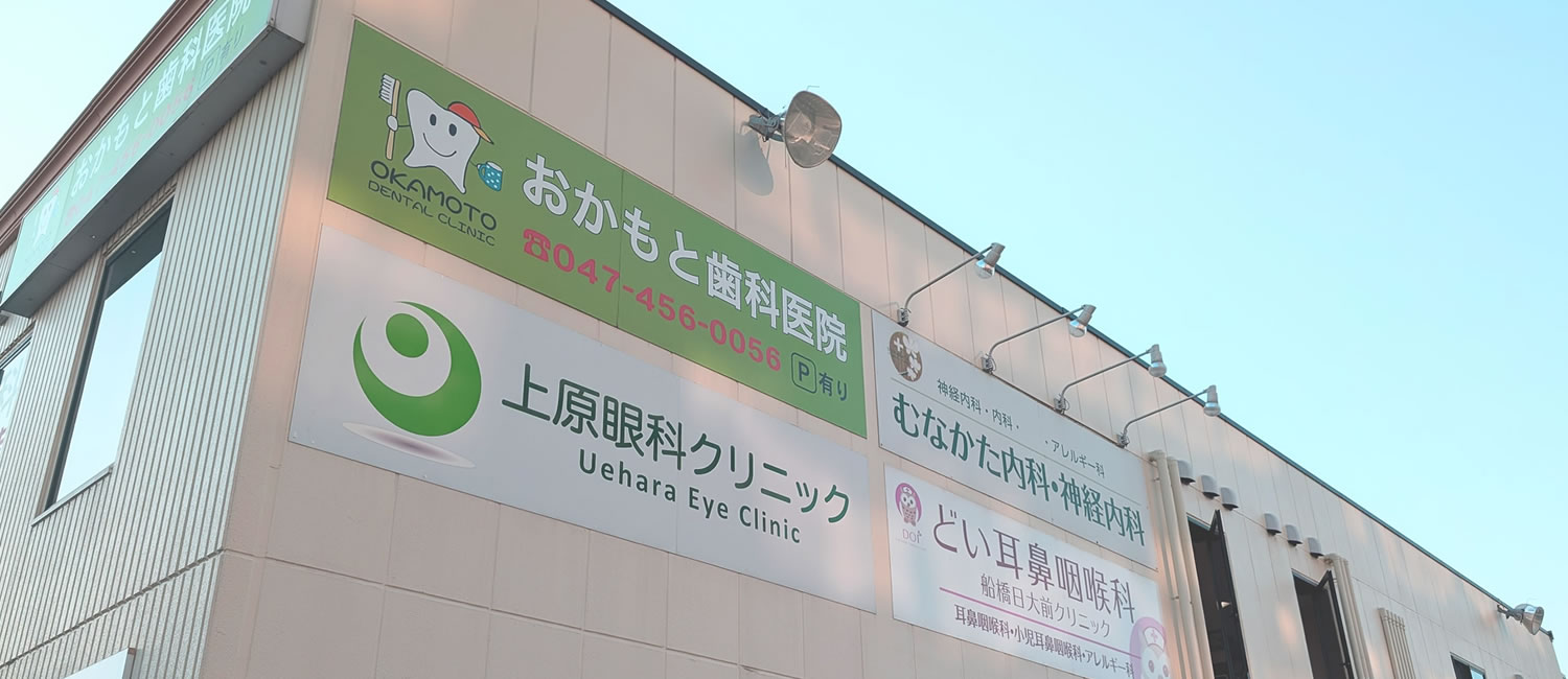 くすりの福太郎船橋日大前店に併設された船橋日大駅前ビル側面の看板